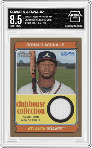 Ronald Acuna Jr. from the 2023 Topps Heritage High Number  set featuring a Gold parallel graded by Arena Club and given an overall grade of 8.5.