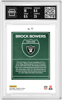 Brock Bowers from the 2024 Donruss set graded by Arena Club and given an overall grade of 8.