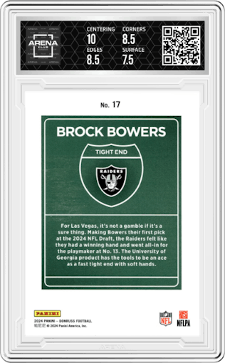 Brock Bowers from the 2024 Donruss set graded by Arena Club and given an overall grade of 8.