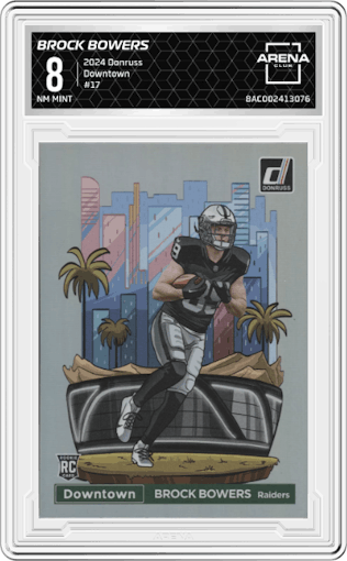 Brock Bowers from the 2024 Donruss set graded by Arena Club and given an overall grade of 8.