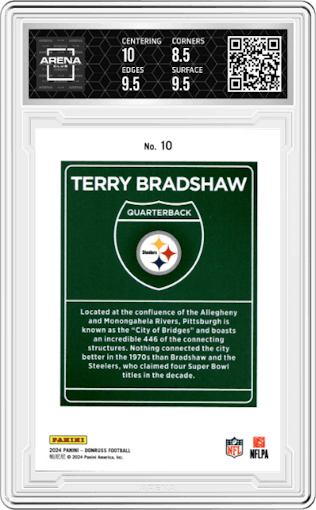 Terry Bradshaw from the 2024 Donruss set graded by Arena Club and given an overall grade of 9.