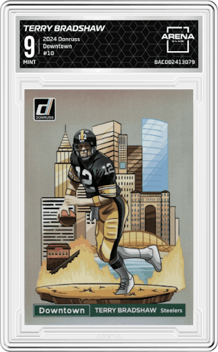 Terry Bradshaw from the 2024 Donruss set graded by Arena Club and given an overall grade of 9.