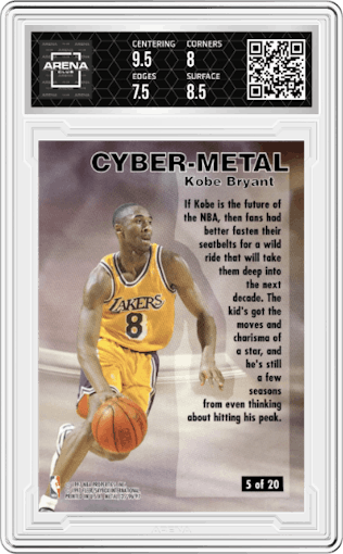 Kobe Bryant from the 1996-97 Fleer Metal  set graded by Arena Club and given an overall grade of 8.