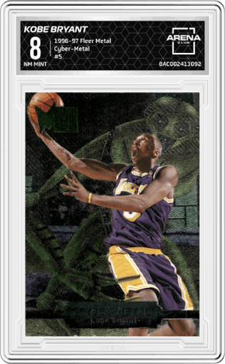 Kobe Bryant from the 1996-97 Fleer Metal  set graded by Arena Club and given an overall grade of 8.