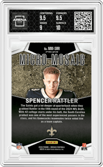 Spencer Rattler from the 2024 Panini Mosaic set graded by Arena Club and given an overall grade of 9.5.