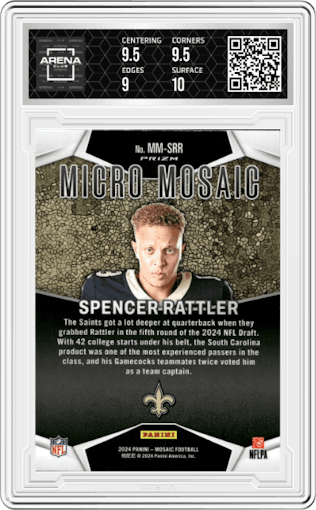 Spencer Rattler from the 2024 Panini Mosaic set graded by Arena Club and given an overall grade of 9.5.