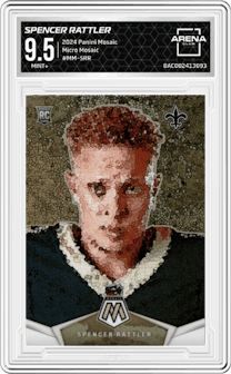 Spencer Rattler from the 2024 Panini Mosaic set graded by Arena Club and given an overall grade of 9.5.
