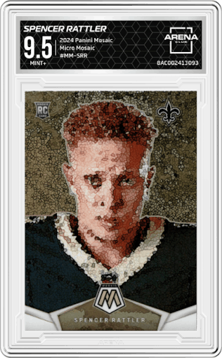 Spencer Rattler from the 2024 Panini Mosaic set graded by Arena Club and given an overall grade of 9.5.