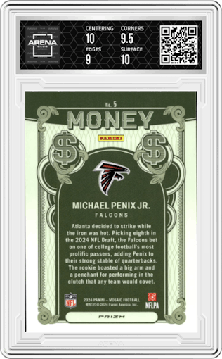 Michael Penix Jr. from the 2024 Panini Mosaic set graded by Arena Club and given an overall grade of 9.5.