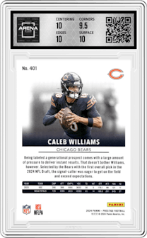 Caleb Williams from the 2024 Panini Prestige  set graded by Arena Club and given an overall grade of 10.