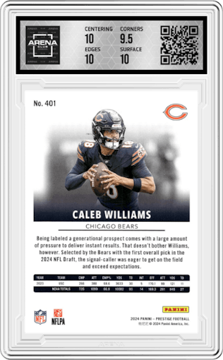 Caleb Williams from the 2024 Panini Prestige  set graded by Arena Club and given an overall grade of 10.