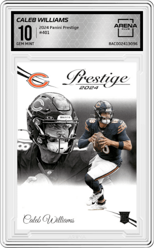 Caleb Williams from the 2024 Panini Prestige  set graded by Arena Club and given an overall grade of 10.