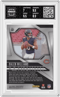 Caleb Williams from the 2024 Panini Prizm set graded by Arena Club and given an overall grade of 7.5.