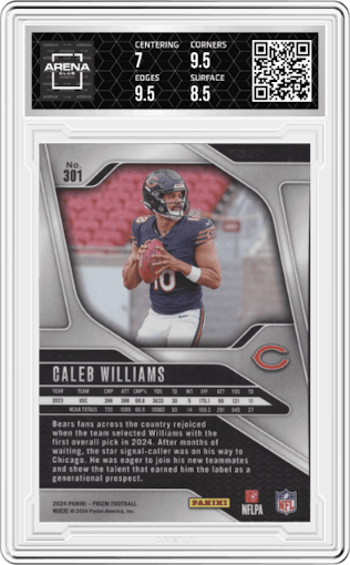 Caleb Williams from the 2024 Panini Prizm set graded by Arena Club and given an overall grade of 7.5.