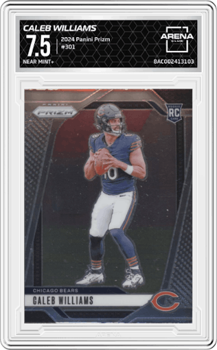 Caleb Williams from the 2024 Panini Prizm set graded by Arena Club and given an overall grade of 7.5.