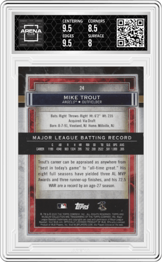 Mike Trout from the 2020 Topps Museum Collection set featuring a Sapphire parallel graded by Arena Club and given an overall grade of 8.5.