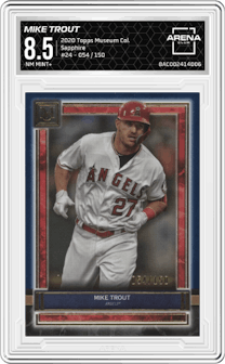 Mike Trout from the 2020 Topps Museum Collection set featuring a Sapphire parallel graded by Arena Club and given an overall grade of 8.5.