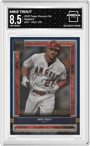 Mike Trout from the 2020 Topps Museum Collection set featuring a Sapphire parallel graded by Arena Club and given an overall grade of 8.5.