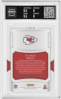 Rashee Rice from the 2023 Panini National Treasures set graded by Arena Club and given an overall grade of 8.5.