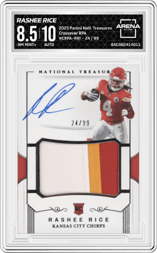 Rashee Rice from the 2023 Panini National Treasures set graded by Arena Club and given an overall grade of 8.5.