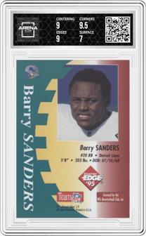 Barry Sanders from the 1995 Collector's Edge Excalibur set graded by Arena Club and given an overall grade of 7.5.