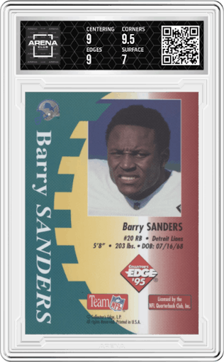 Barry Sanders from the 1995 Collector's Edge Excalibur set graded by Arena Club and given an overall grade of 7.5.