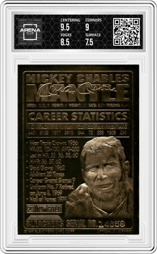 Mickey Mantle from the 1996 Bleachers 23KT Gold set graded by Arena Club and given an overall grade of 8.