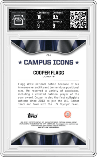 Cooper Flagg	 from the 2024-25 Bowman University Chrome set graded by Arena Club and given an overall grade of 9.5.
