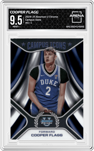 Cooper Flagg	 from the 2024-25 Bowman University Chrome set graded by Arena Club and given an overall grade of 9.5.