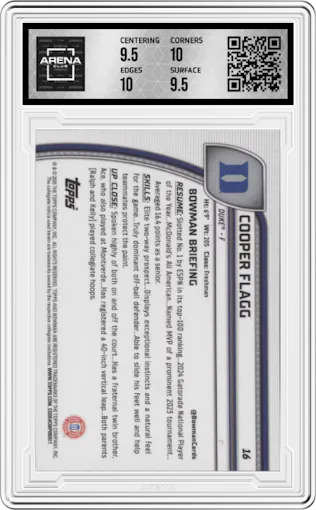 Cooper Flagg from the 2024-25 Bowman University Chrome set featuring a Green Shimmer parallel graded by Arena Club and given an overall grade of 10.