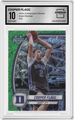 Cooper Flagg from the 2024-25 Bowman University Chrome set featuring a Green Shimmer parallel graded by Arena Club and given an overall grade of 10.