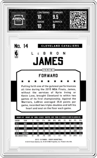 LeBron James from the 2015-16 Panini NBA Hoops set graded by Arena Club and given an overall grade of 9.5.