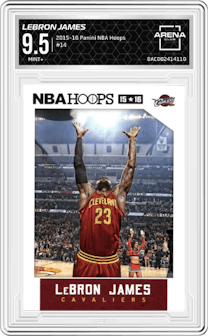 LeBron James from the 2015-16 Panini NBA Hoops set graded by Arena Club and given an overall grade of 9.5.