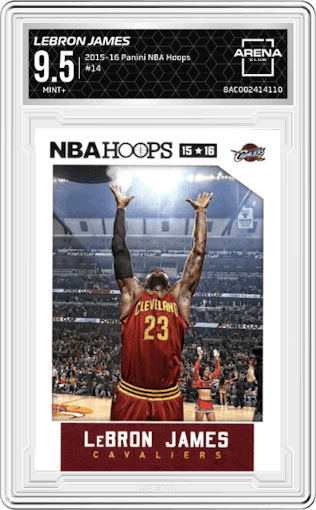 LeBron James from the 2015-16 Panini NBA Hoops set graded by Arena Club and given an overall grade of 9.5.