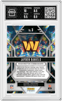 Jayden Daniels from the 2024 Panini Prizm set featuring a Green Prizm parallel graded by Arena Club and given an overall grade of 9.