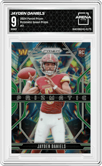Jayden Daniels from the 2024 Panini Prizm set featuring a Green Prizm parallel graded by Arena Club and given an overall grade of 9.