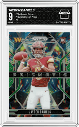 Jayden Daniels from the 2024 Panini Prizm set featuring a Green Prizm parallel graded by Arena Club and given an overall grade of 9.