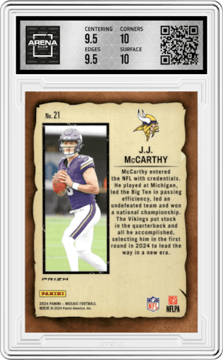 J.J. McCarthy from the 2024 Panini Mosaic set featuring a Green Mosaic parallel graded by Arena Club and given an overall grade of 10.