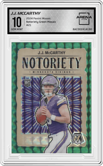 J.J. McCarthy from the 2024 Panini Mosaic set featuring a Green Mosaic parallel graded by Arena Club and given an overall grade of 10.