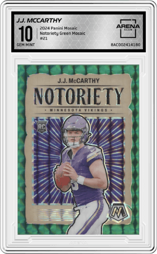 J.J. McCarthy from the 2024 Panini Mosaic set featuring a Green Mosaic parallel graded by Arena Club and given an overall grade of 10.