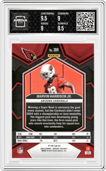 Marvin Harrison Jr. from the 2024 Panini Mosaic set featuring a Pink Camo parallel graded by Arena Club and given an overall grade of 9.5.
