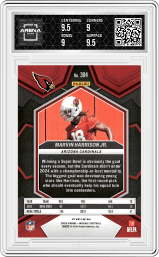 Marvin Harrison Jr. from the 2024 Panini Mosaic set featuring a Pink Camo parallel graded by Arena Club and given an overall grade of 9.5.