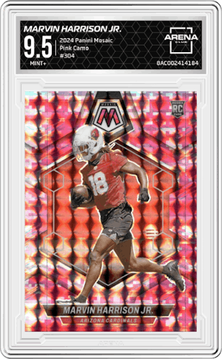 Marvin Harrison Jr. from the 2024 Panini Mosaic set featuring a Pink Camo parallel graded by Arena Club and given an overall grade of 9.5.