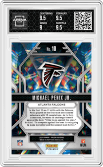 Michael Penix Jr. from the 2024 Panini Prizm set featuring a Green Prizm parallel graded by Arena Club and given an overall grade of 9.5.