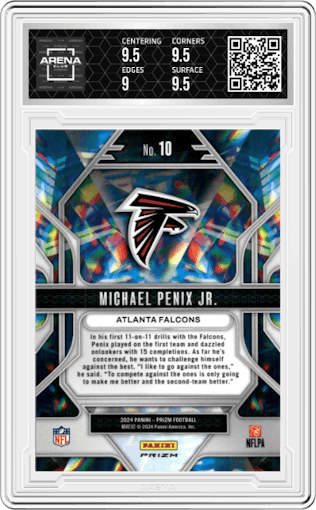 Michael Penix Jr. from the 2024 Panini Prizm set featuring a Green Prizm parallel graded by Arena Club and given an overall grade of 9.5.
