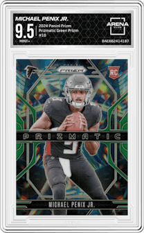 Michael Penix Jr. from the 2024 Panini Prizm set featuring a Green Prizm parallel graded by Arena Club and given an overall grade of 9.5.