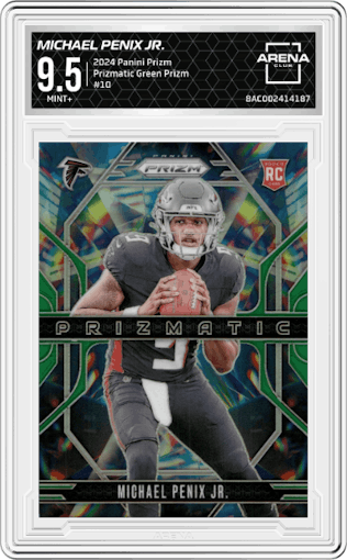 Michael Penix Jr. from the 2024 Panini Prizm set featuring a Green Prizm parallel graded by Arena Club and given an overall grade of 9.5.