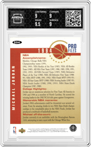 Michael Jordan from the 1994-95 Upper Deck Collector's Choice set graded by Arena Club and given an overall grade of 9.