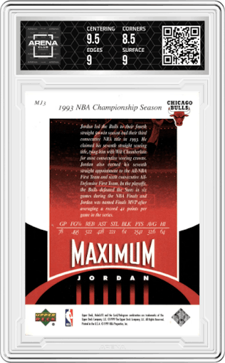 Michael Jordan  from the 1999-00 Upper Deck HoloGrFX set graded by Arena Club and given an overall grade of 9.