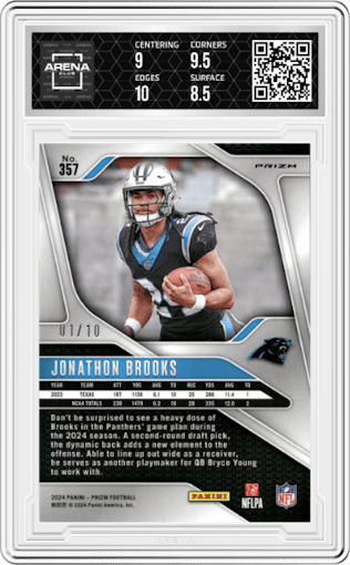 Jonathon Brooks from the 2024 Panini Prizm set featuring a Gold Prizm parallel graded by Arena Club and given an overall grade of 9.